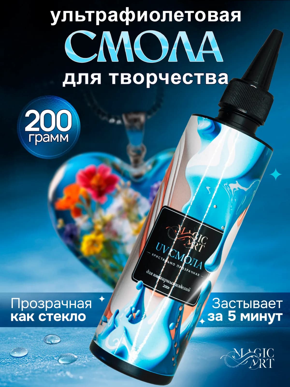 УФ-смола Magic_Art 200 г: бутылка с носиком-дозатором и готовые изделия из смолы
